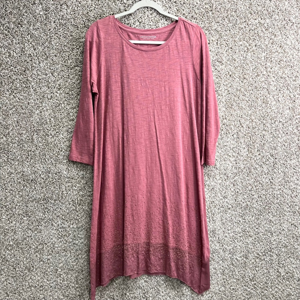 Soft Surroundings Dress Women's M Pink Sequin Embellished Sharkbite Hem Knit